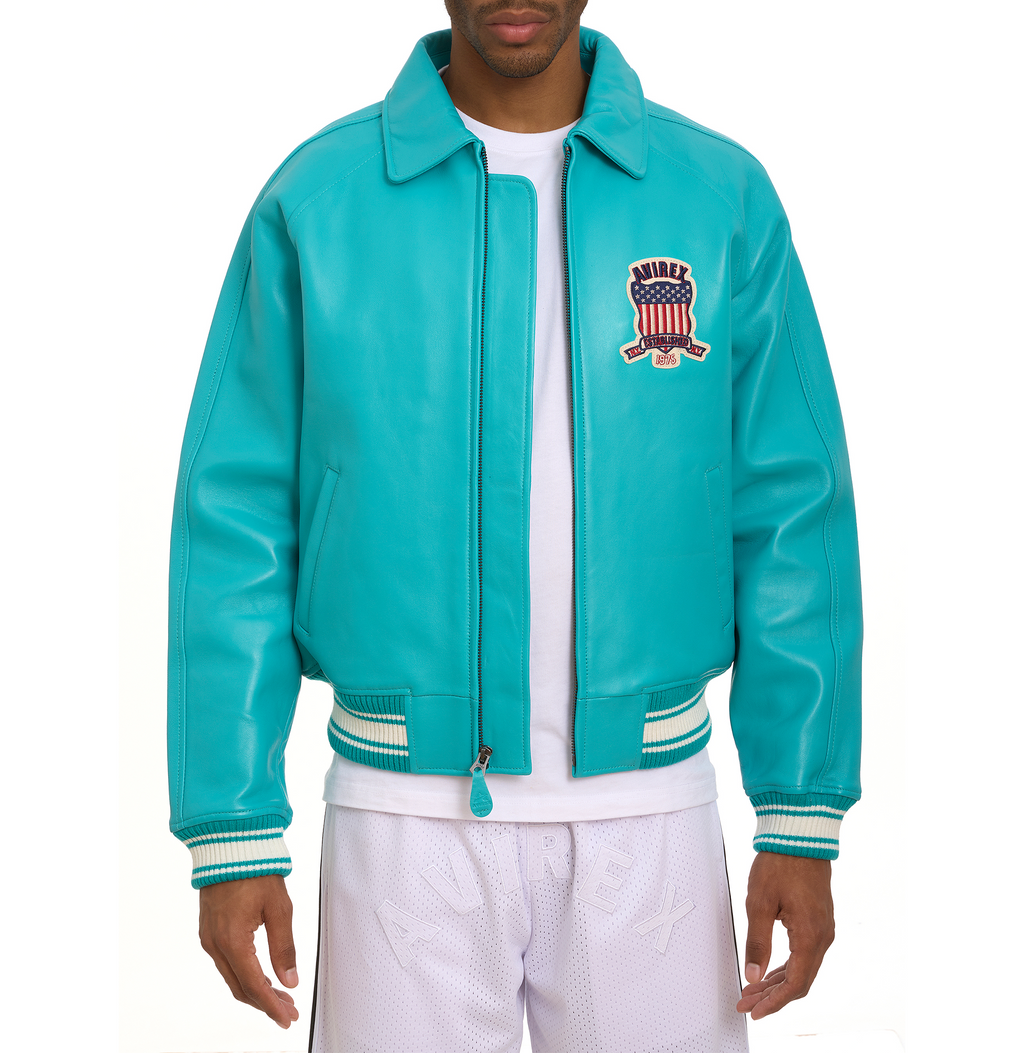 Avirex Fashion Aviator Bomber Turquoise Leather Jacket