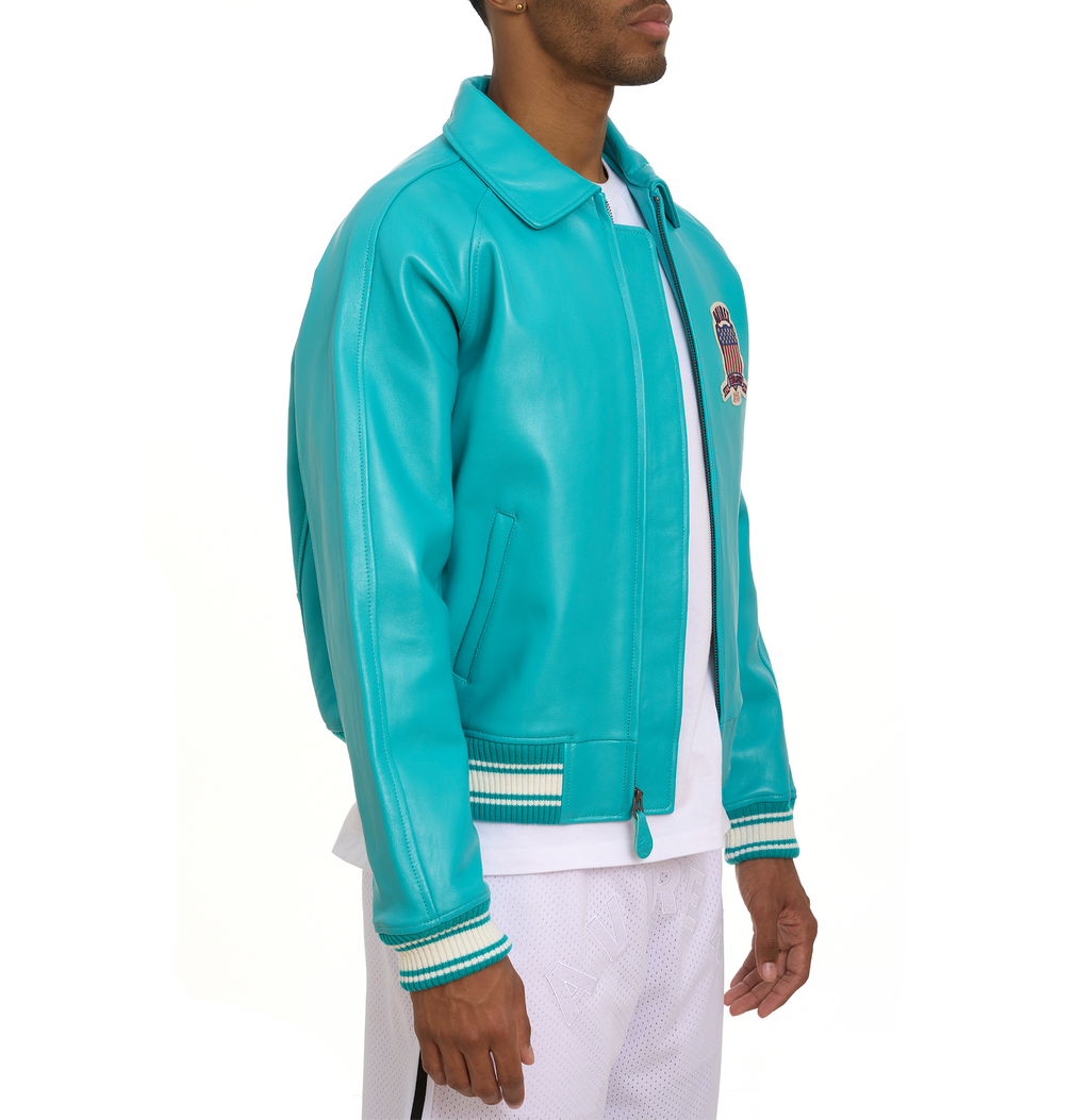 Aviator Bomber Turquoise Leather Jacket
