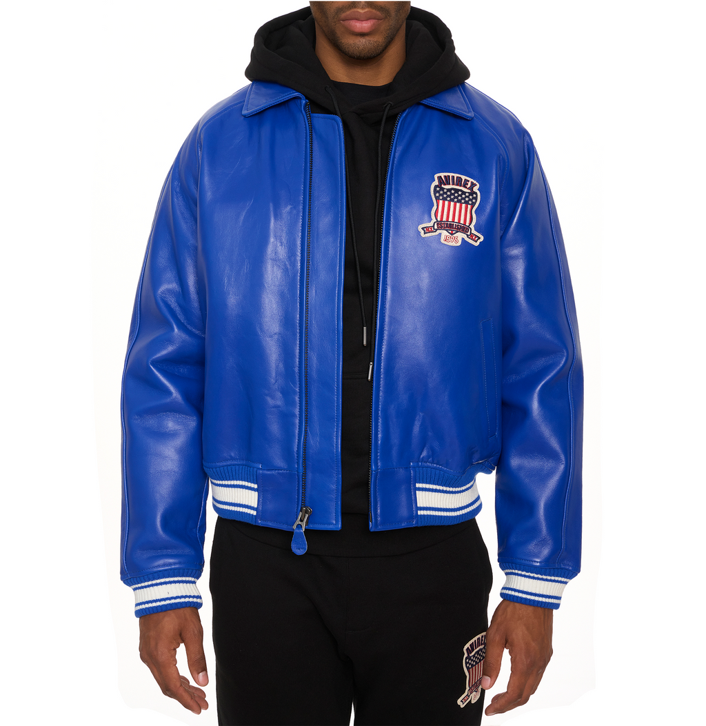 Shop Genuine Avirex Cobalt Leather Fashion Bomber Leather Jackets For Mens