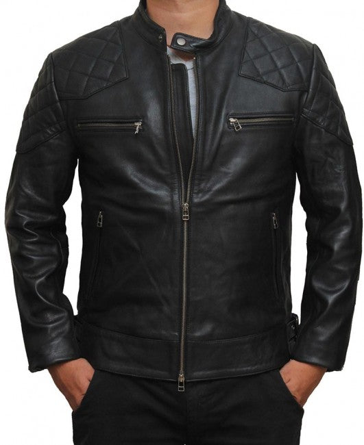 Purchase Best 100%High Quality Mens BECKHAM Black Quilted Retro Biker Jacket