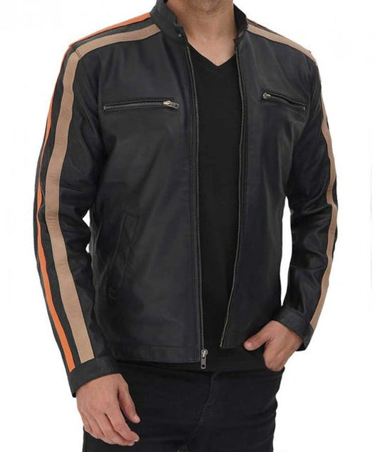 Harland Stripe Black Leather Cafe Racer Style Jacket for Men
