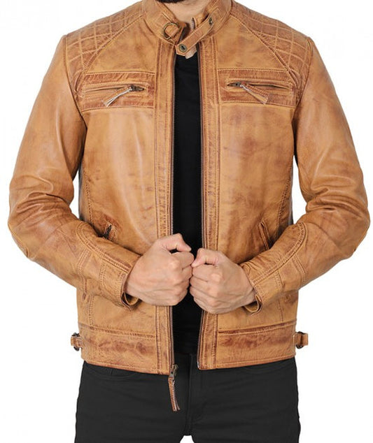 Purchase Best 100%High Quality Johnson Camel Quilted Leather Motorcycle Jacket