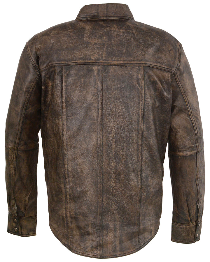 High Quality New Style Fashion Leather Men's Distressed Brown Light Leather Snap Front Shirt