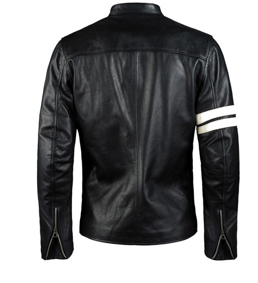 Purchase Best 100%High Quality Mens Black Leather Biker Jacket With White Stripes