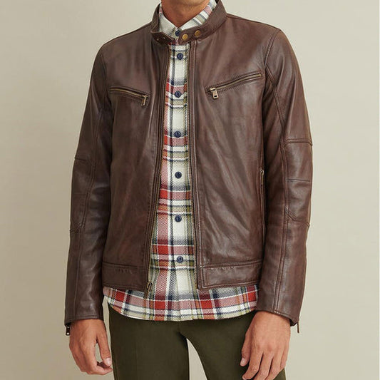 Buy Best 100%High Quality New Fashion Men Brown Leather Moto Biker Jacket