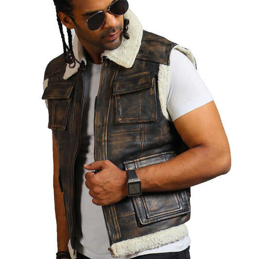 Genuine Brown Leather Vest with Fur Lining