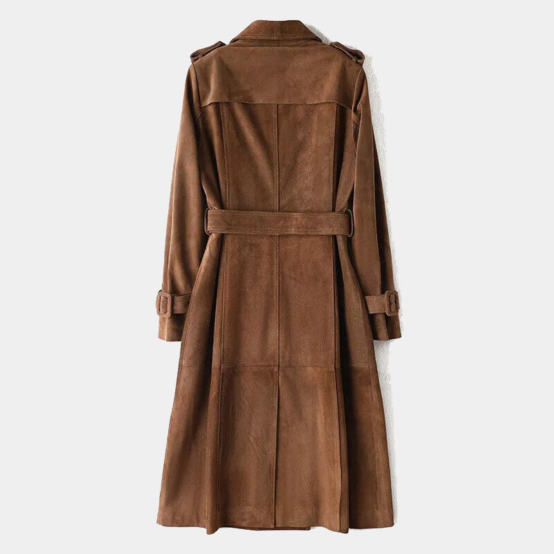 Brown Suede Goarskin Long Biker Trench Coat For Women