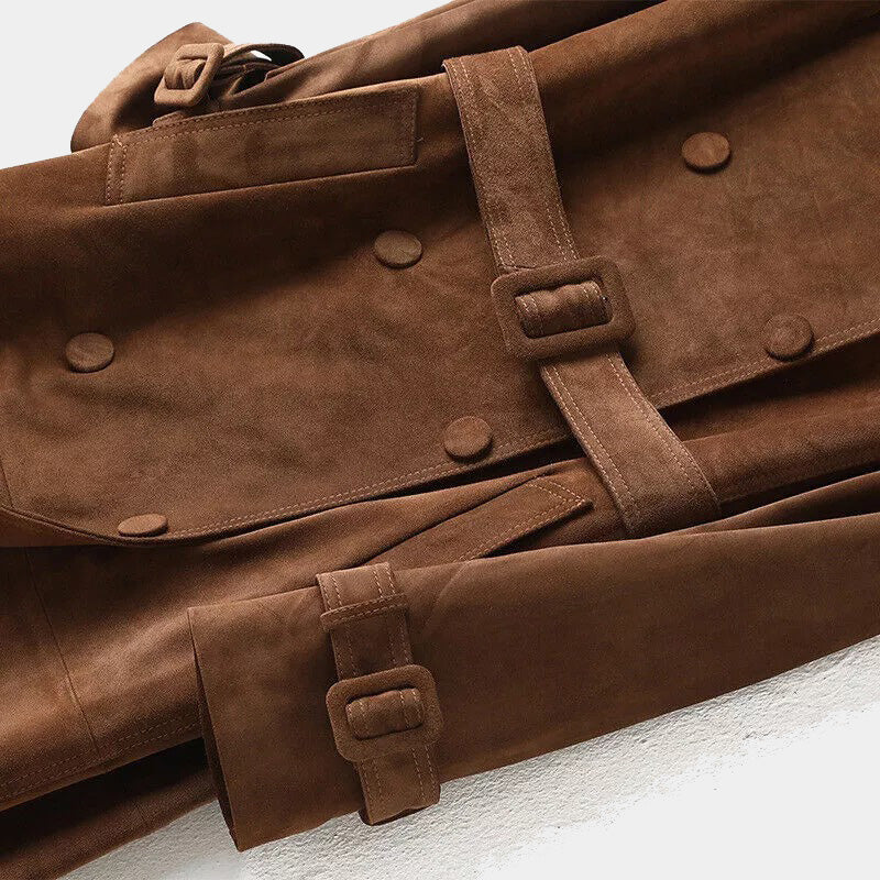 Brown Suede Goarskin Long Biker Trench Coat For Women