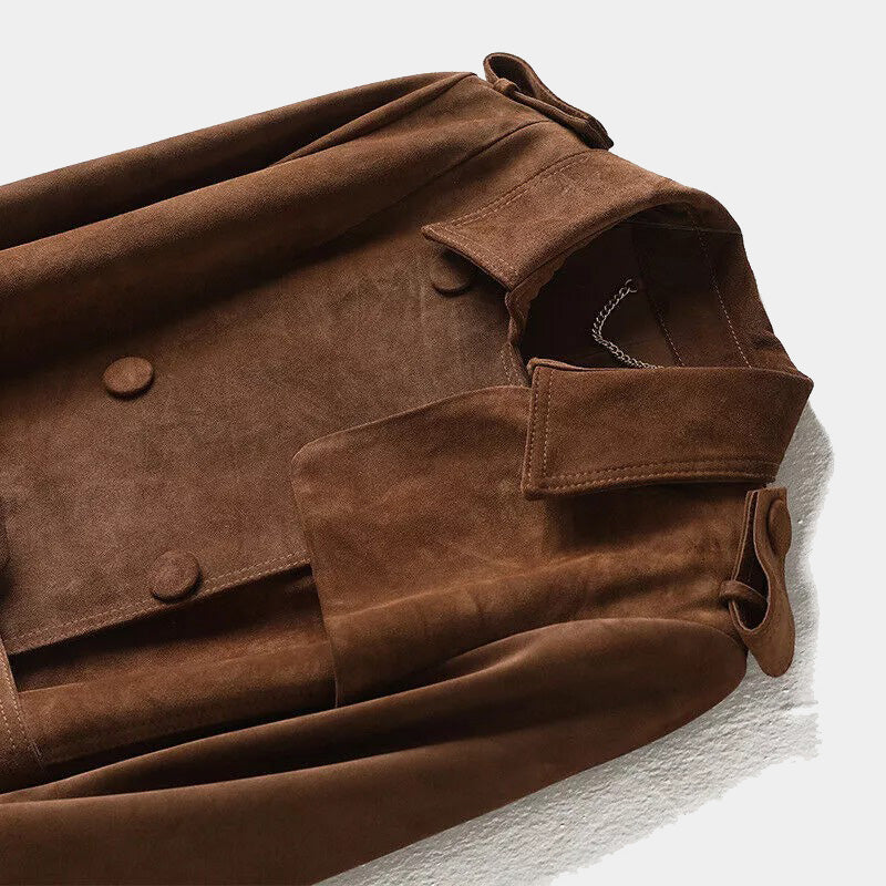 Brown Suede Goarskin Long Biker Trench Coat For Women