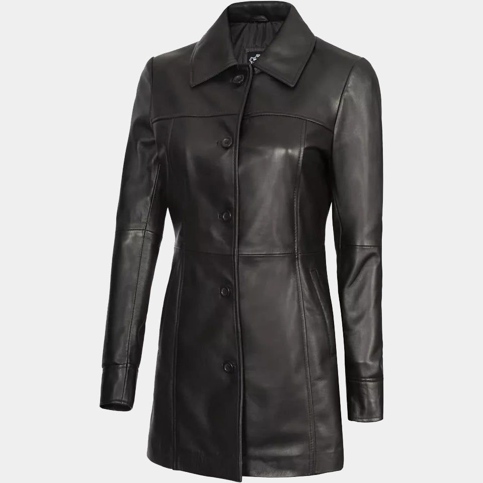 Women's Stylish Lambskin Black Trench Coat