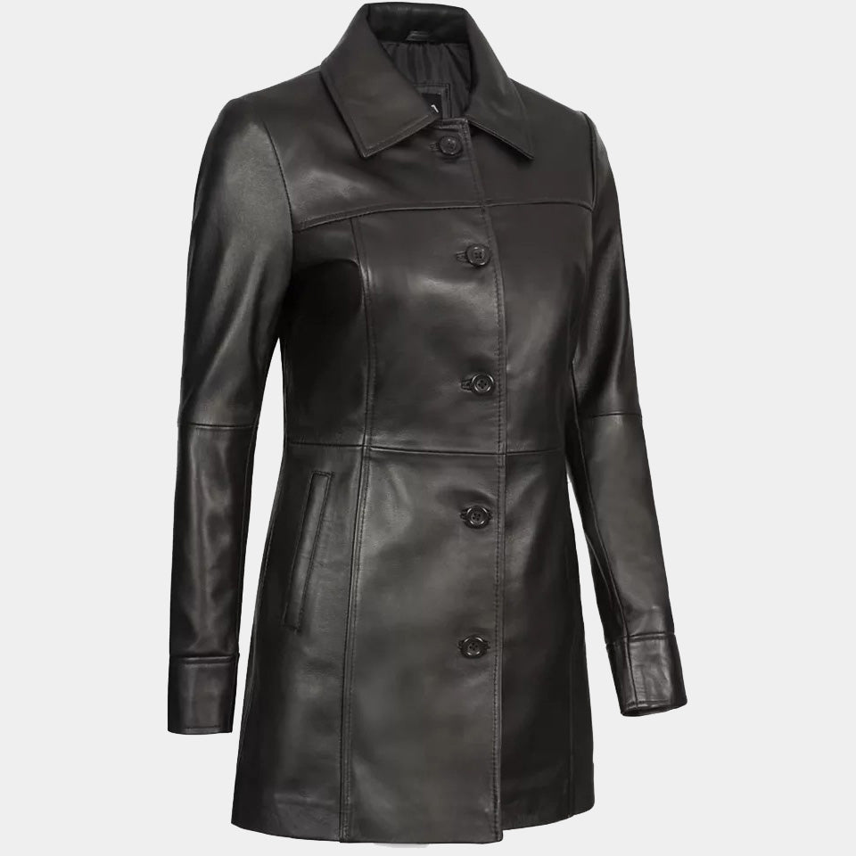 Women's Stylish Lambskin Black Trench Coat
