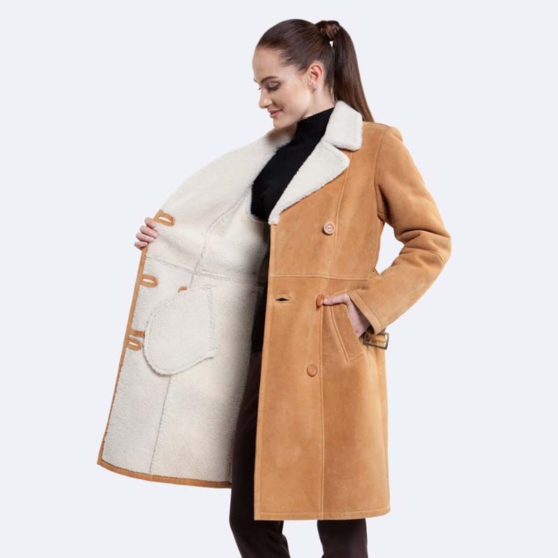Women Buy Best New Looking Style Winter Shearling Long Alexa Tan Sheepskin Coat For Sale