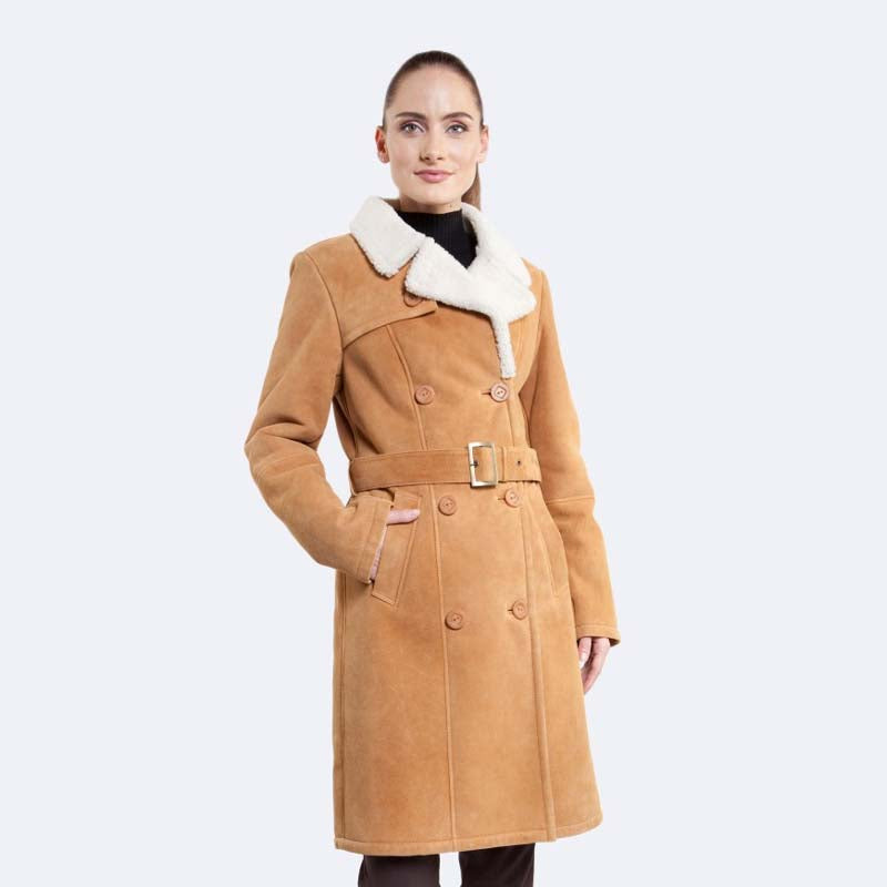 Women Buy Best New Looking Style Winter Shearling Long Alexa Tan Sheepskin Coat For Sale