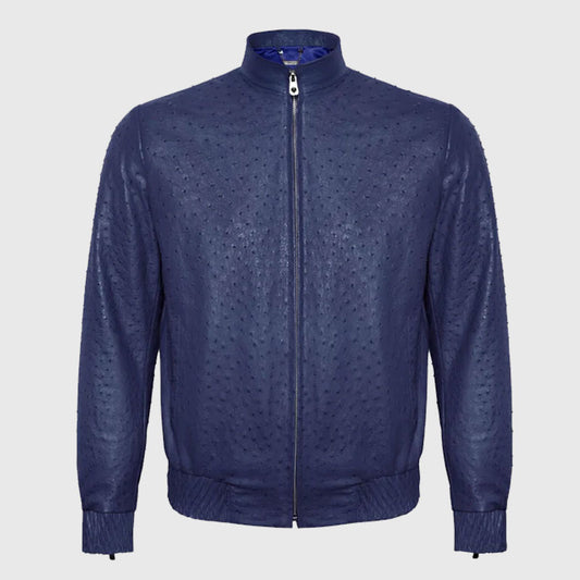 Buy Best Fashion Genuine Premium Blue Ostrich Leather Zip Up Biker Jacket For Sale