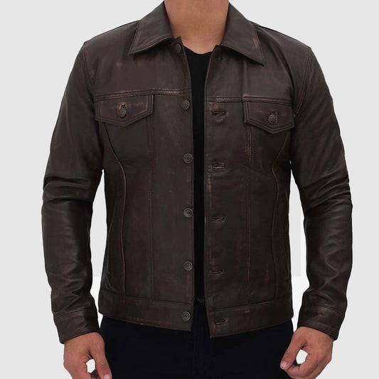 mens trucker leather jacket online shop