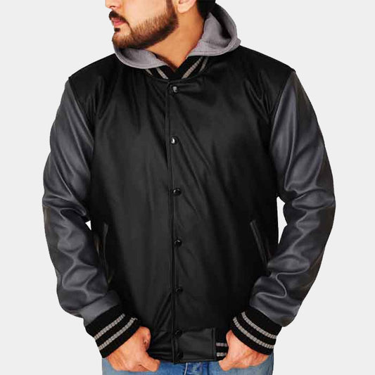 Buy Best Sale Genuine Looking Black & Grey Hoodie Leather Varsity Jacket For Sale