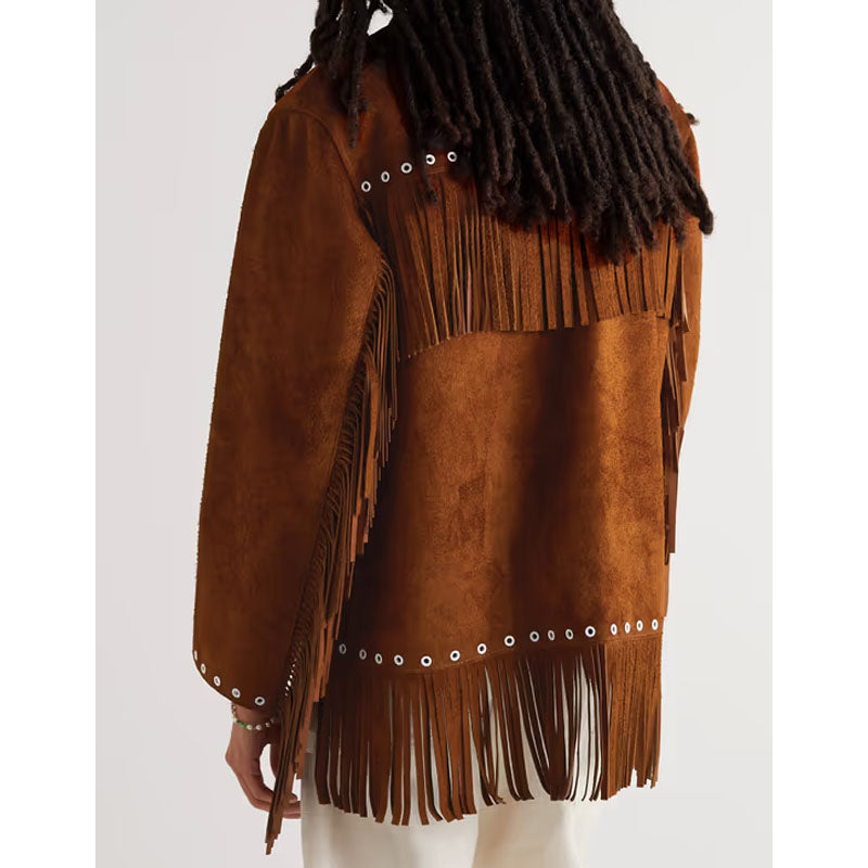 Buy Best Genuine Style Embellished Fringed Brushed Suede Leather Jacket For Christmas Sale