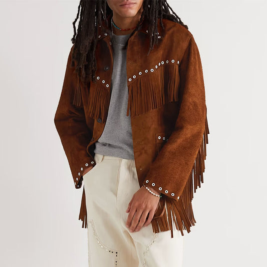 Buy Best Genuine Style Embellished Fringed Brushed Suede Leather Jacket For Christmas Sale