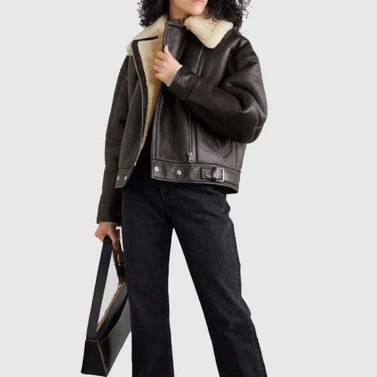 New 2022 Black Women B3 RAF Aviator Cowhide Shearling Leather Jacket