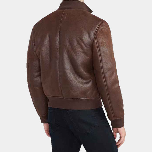 Buy Best Style Fashion Brown Vegan Leather Sherpa Lined Bomber Jacket For Sale