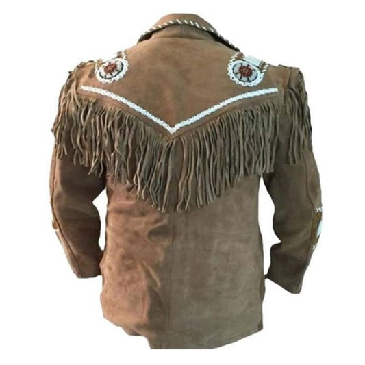 Buy Best Style Western Cowboy Leather Coat With Fringe Bones And Beads Brown For New Year Sale