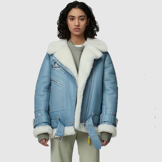 Buy Best Women Style Light Blue B3 RAF Aviator Styled Sheepskin Shearling Leather Jacket For Sale