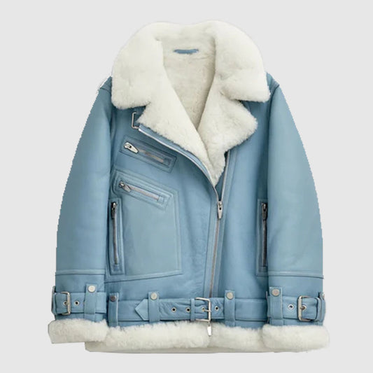 Buy Best Women Style Light Blue B3 RAF Aviator Styled Sheepskin Shearling Leather Jacket For Sale