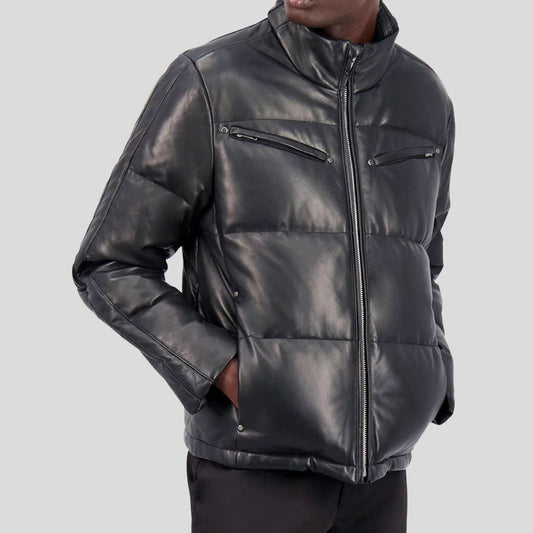 Black Leather Puffer Jacket For Mens with discount price