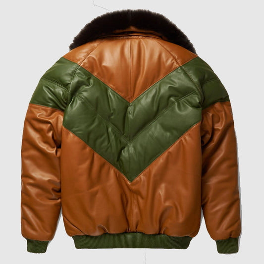 Best Brown & Green Bubble Leather Jacket With Black Fox Collar For Sale