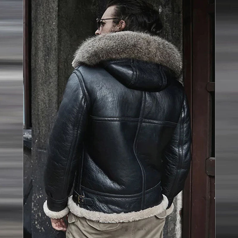 Stay Stylish: Men's Hooded RAF B3 Sheepskin Black Leather Jacket from Rfx Leather