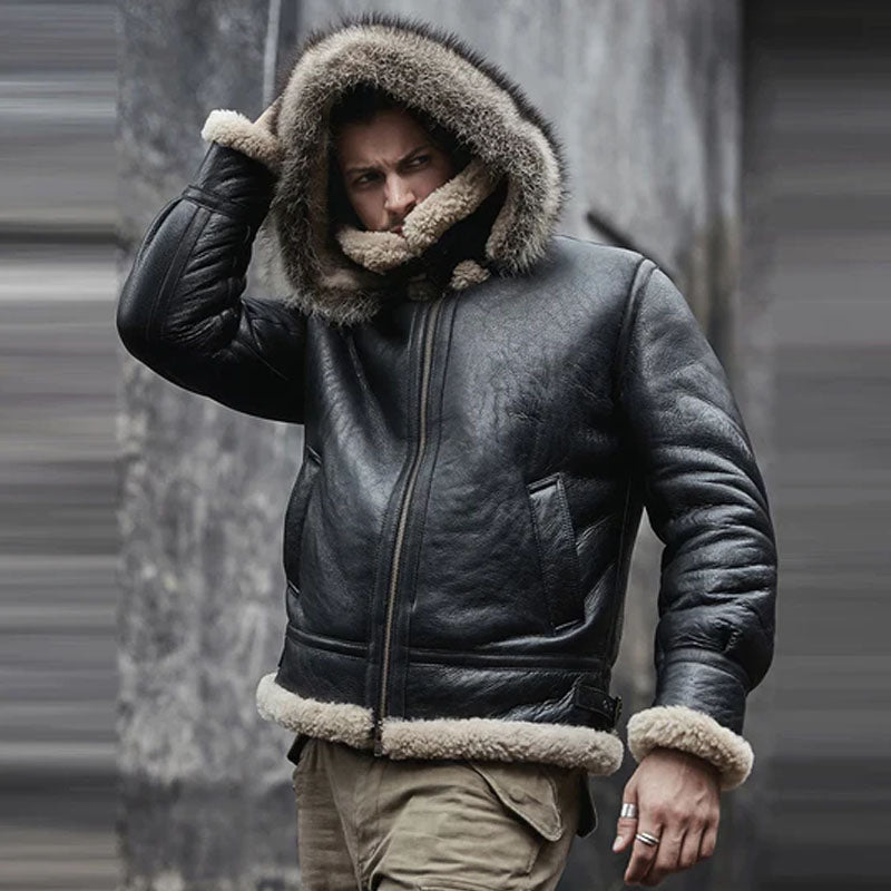 Buy Men's Hooded RAF Aviator B3 Sheepskin Black Leather Shearling Jacket – Rfx Leather