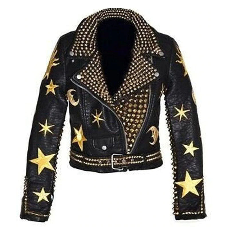 Purchase Best Sale Black And Yellow Punk Spikes Star Studded Leather Jacket