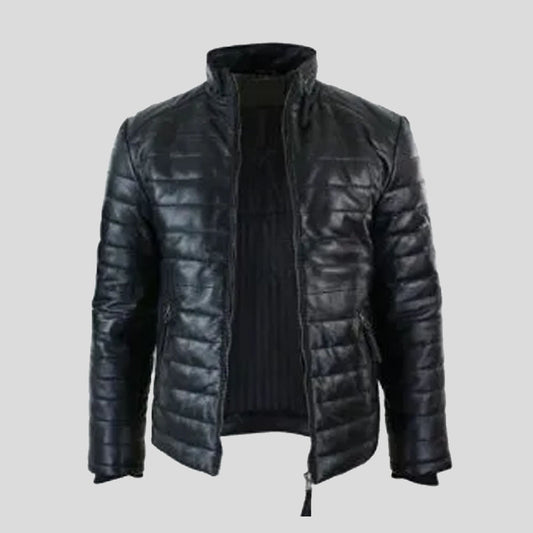 Buy Best Mens Real Black Leather Genuine Quilted Puffer Zipped Style Jacket For Sale