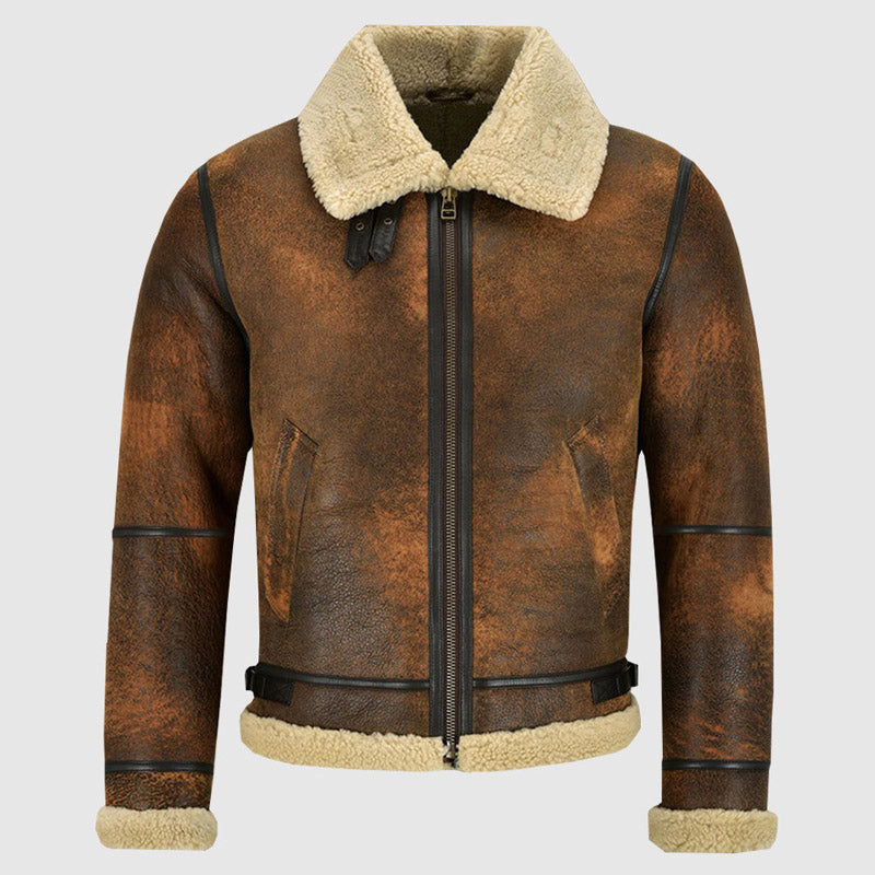 Buy New Style Men Genuine Distressed Brown Leather Shearling Jacket For Christmas Sale