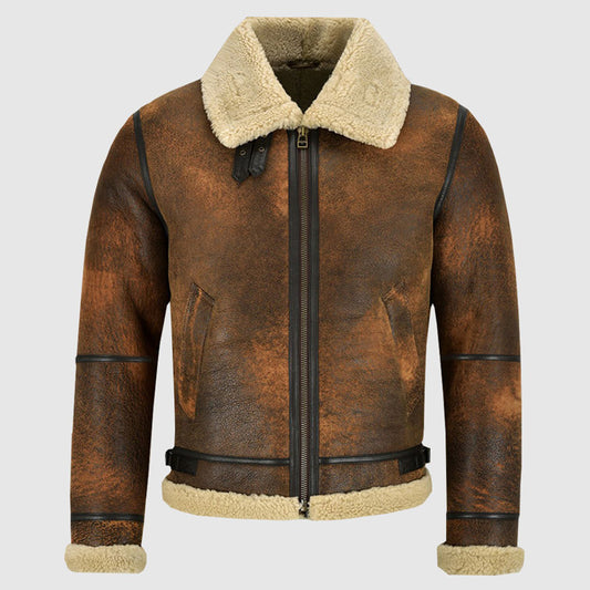 Buy New Style Men Genuine Distressed Brown Leather Shearling Jacket For Christmas Sale