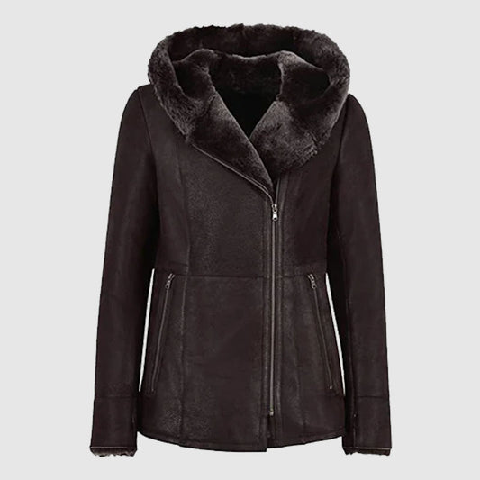 Buy New Style Womens Hodded Leather Shearling Coat For Winter Season