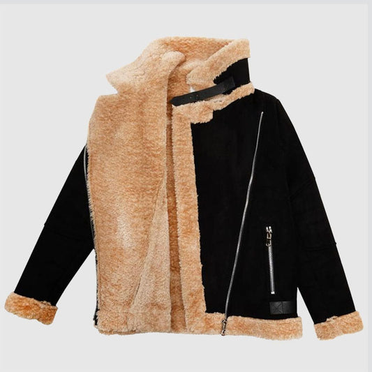 Genuine Best Charcoal Fashion Women’s Black Shearling Aviator Biker Jacket For Sale