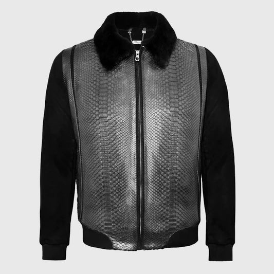 Genuine Best Style Black Suede & Full Body Python Leather Flight Jacket For Sale