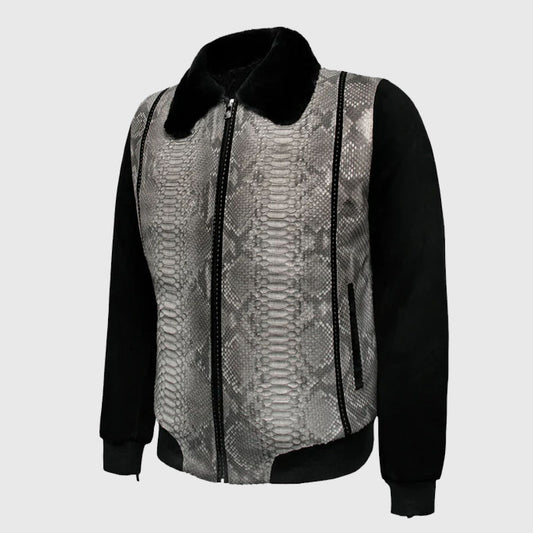 Genuine Best Style Gray Suede & Full Body Python Leather Flight Jacket For Sale