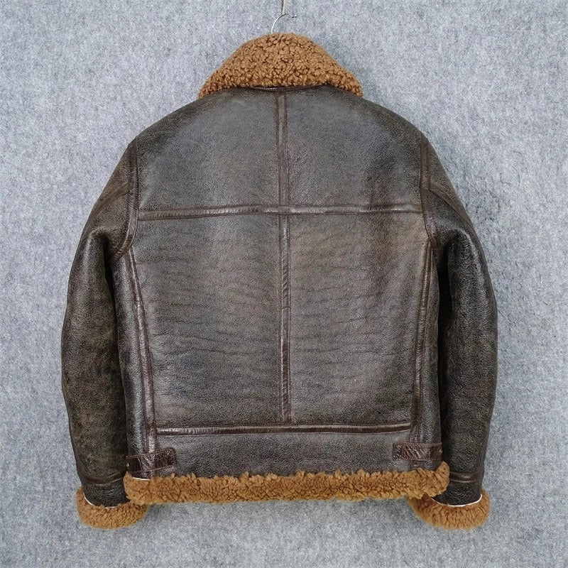 Shop Best Genuine Shearling Dark Brown Sheepskin Leather Coat Men Military Style Jacket For Sale