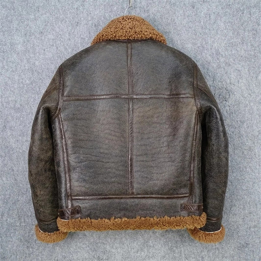 Shop Best Genuine Shearling Dark Brown Sheepskin Leather Coat Men Military Style Jacket For Sale