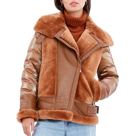Mel Mixed Leather & Shearling Down Moto Jacket