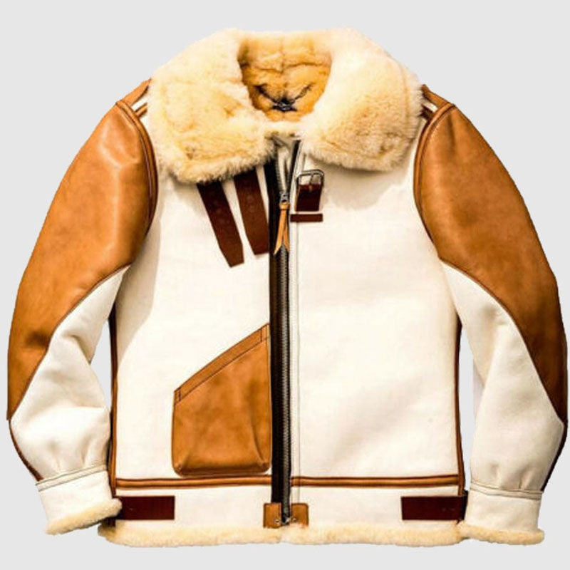 Men’s Aviator USAF Real Sheepskin Shearling White Leather Bomber Flying Pilot Jacket For Christmas Sale