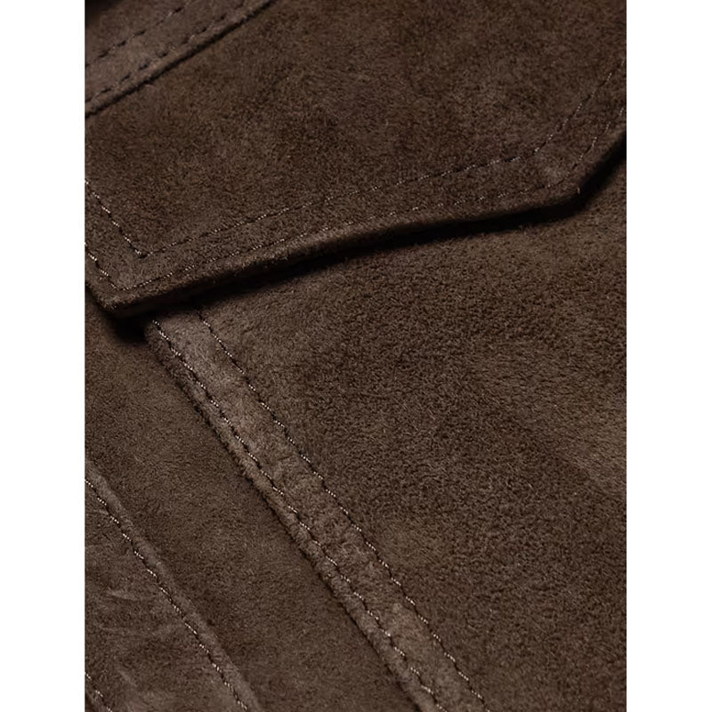 Men's Best Winter Shearling Trimmed Suede Trucker Dark Brown Leather Jacket For Christmas Sale