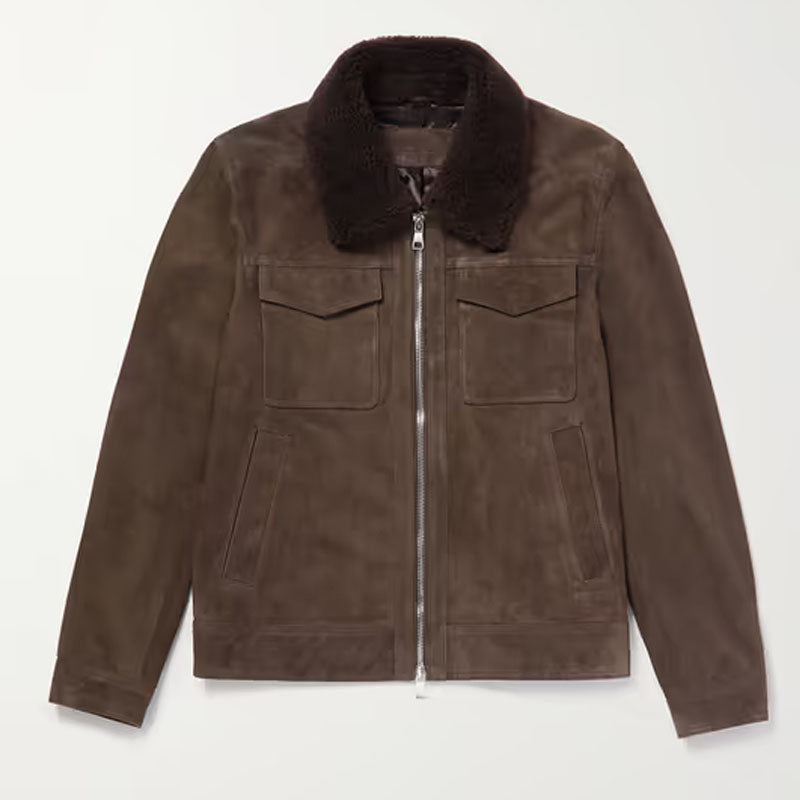 Men's Best Winter Shearling Trimmed Suede Trucker Dark Brown Leather Jacket For Christmas Sale