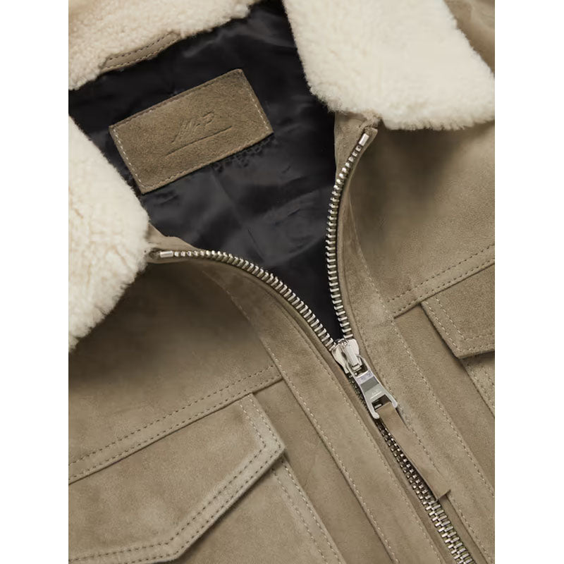 Men's Best Winter Shearling Trimmed Suede Trucker Green Leather Jacket For Christmas Sale