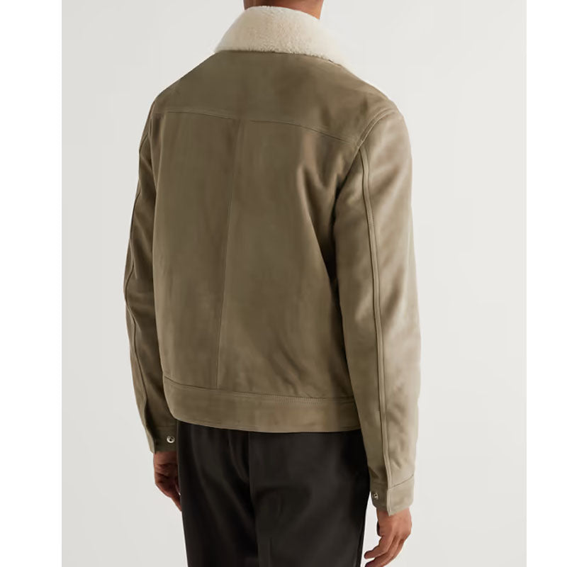 Men's Best Winter Shearling Trimmed Suede Trucker Green Leather Jacket For Christmas Sale