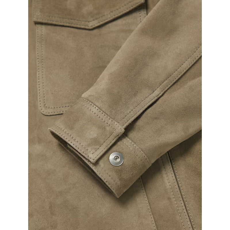 Men's Best Winter Shearling Trimmed Suede Trucker Green Leather Jacket For Christmas Sale