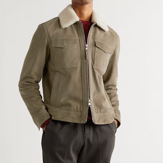 Men's Best Winter Shearling Trimmed Suede Trucker Green Leather Jacket For Christmas Sale