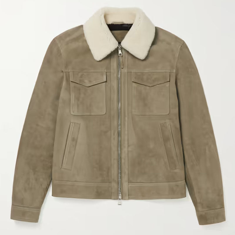 Men's Best Winter Shearling Trimmed Suede Trucker Green Leather Jacket For Christmas Sale